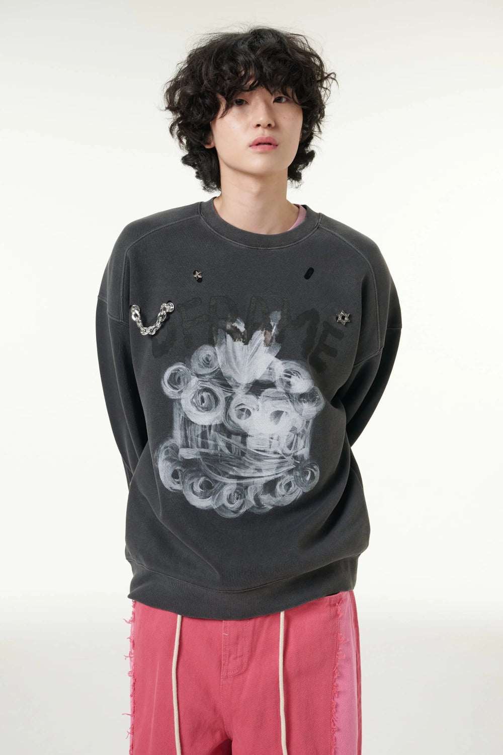 [CLOUD CAKE] Men's Fashion Sweatshirts Long Sleeve Casual Round Neck Diy Tops Dark Gray