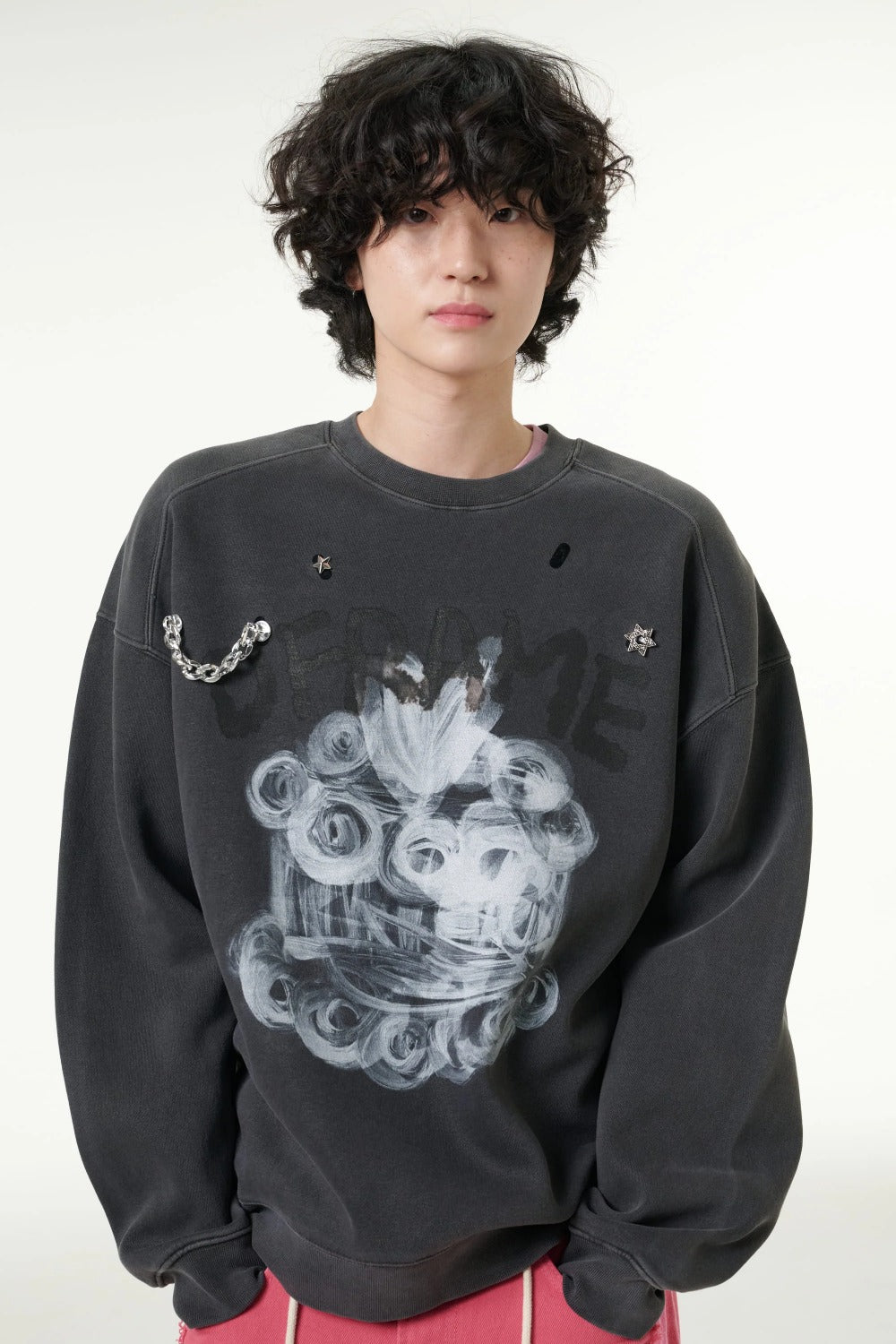 [CLOUD CAKE] Men's Fashion Sweatshirts Long Sleeve Casual Round Neck Diy Tops Dark Gray